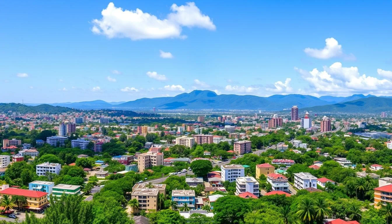 Panoramic view of Kingston Jamaica with mountains in the background and colorful buildings in the foreground