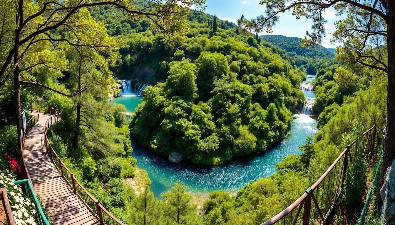 Panoramic view of Krka National Park's lush landscape with wooden walkways winding through the forest and waterfalls visible in the distance