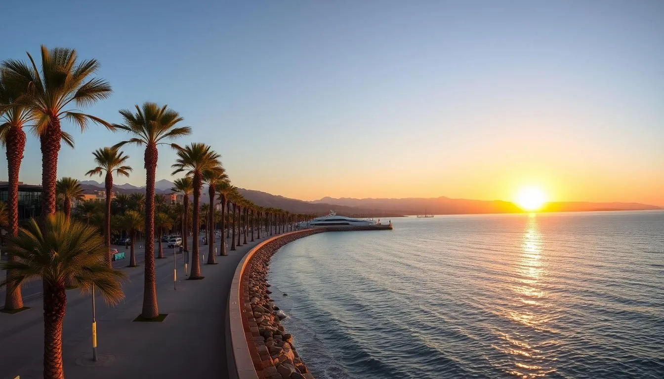 Panoramic view of La Paz Mexico Malecon with palm trees and the Sea of Cortez at sunset