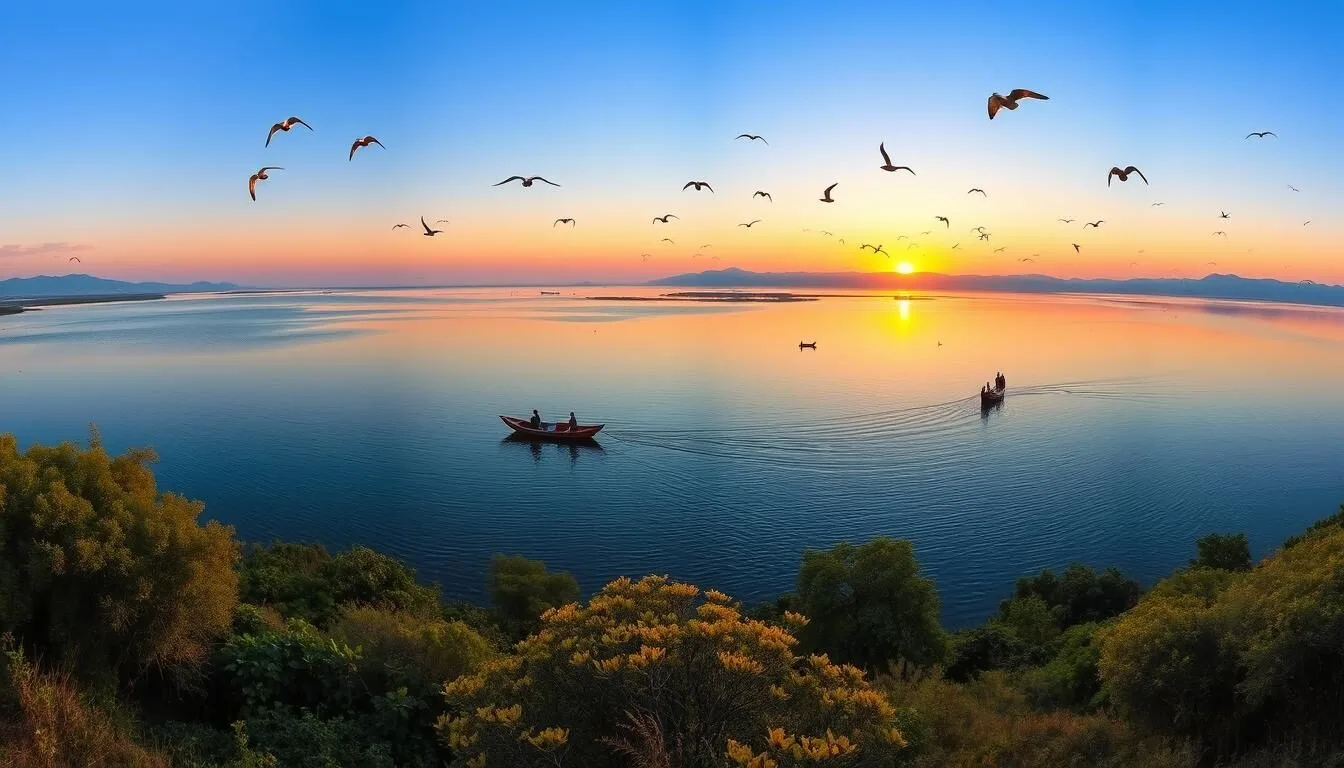 Panoramic-view-of-Lake-Awassa-Hawassa-with-traditional-fishing-boats-and-birds-flying-over Panoramic view of Lake Awassa (Hawassa) with traditional fishing boats and birds flying over the calm waters during sunset