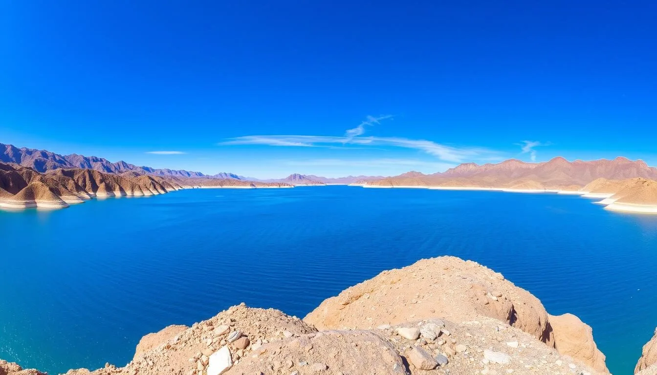 Panoramic-view-of-Lake-Meads-blue-waters-contrasting-with-the-surrounding-desert-mountains-on- Panoramic view of Lake Mead's blue waters contrasting with the surrounding desert mountains on a clear sunny day