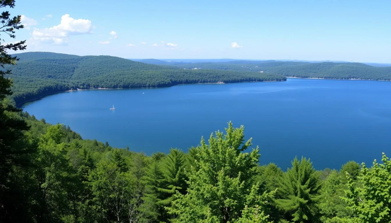 Panoramic-view-of-Lake-Nockamixon-Pennsylvania-showing-the-expansive-blue-waters-surrounded-by Panoramic view of Lake Nockamixon, Pennsylvania showing the expansive blue waters surrounded by lush green forests on a sunny day