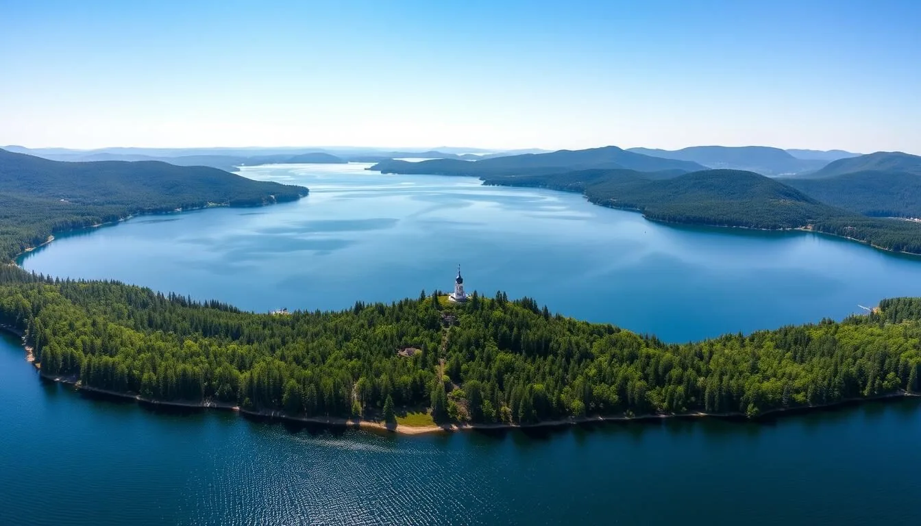 Panoramic view of Lake Plescheevo Russia with blue waters and forested shoreline on a sunny day