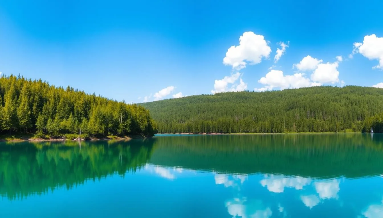 Panoramic-view-of-Lake-Sapsho-in-Smolenskoye-Poozerye-National-Park-with-forested-shores-and Panoramic view of Lake Sapsho in Smolenskoye Poozerye National Park with forested shores and clear blue water