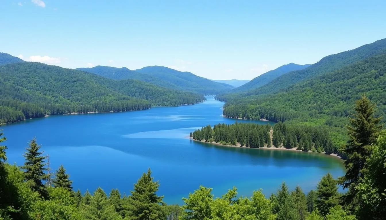 Panoramic-view-of-Lake-Sherwood-Pennsylvania-showing-the-lake-surrounded-by-lush-forest-with Panoramic view of Lake Sherwood, Pennsylvania showing the lake surrounded by lush forest with mountains in the background