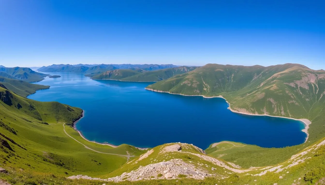 Panoramic-view-of-Lake-Verkhne-Olkhonskoye-with-mountains-in-the-background-on-a-clear-day Panoramic view of Lake Verkhne-Olkhonskoye with mountains in the background on a clear day