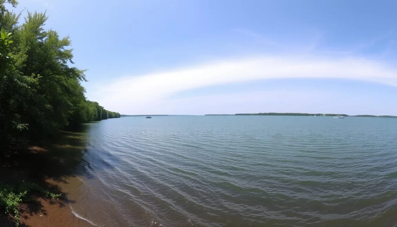 Panoramic-view-of-Lake-Vermilion-Illinois-on-a-sunny-day-showing-the-expansive-water-surrounded Panoramic view of Lake Vermilion Illinois on a sunny day showing the expansive water surrounded by lush greenery