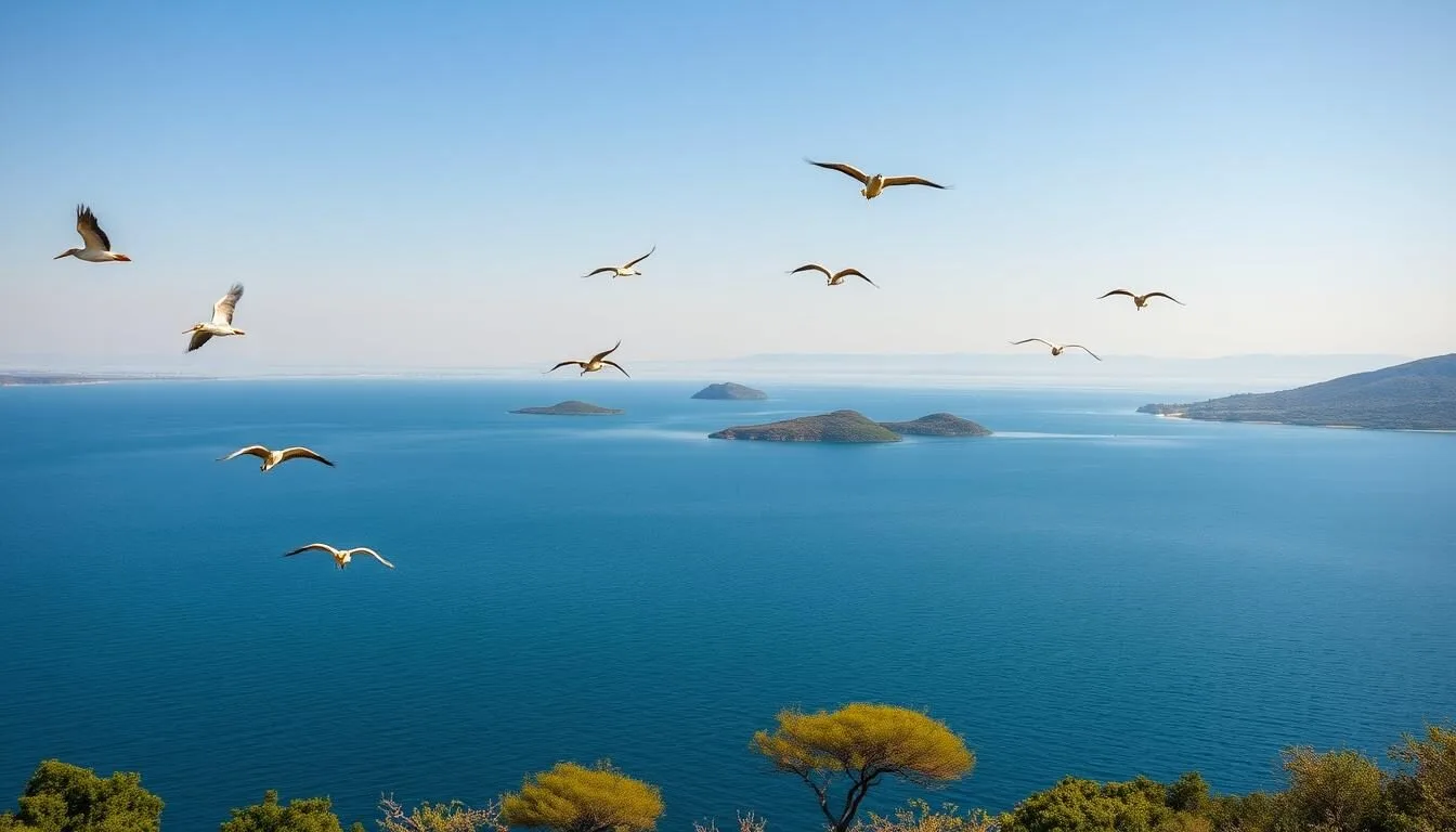 Panoramic view of Lake Ziway with birds flying over the water and islands visible in the distance, Ethiopia