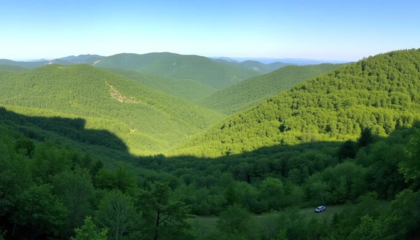 Panoramic-view-of-Laurel-Ridge-State-Park-showing-the-rolling-mountains-and-forest-landscape-in Panoramic view of Laurel Ridge State Park showing the rolling mountains and forest landscape in Pennsylvania