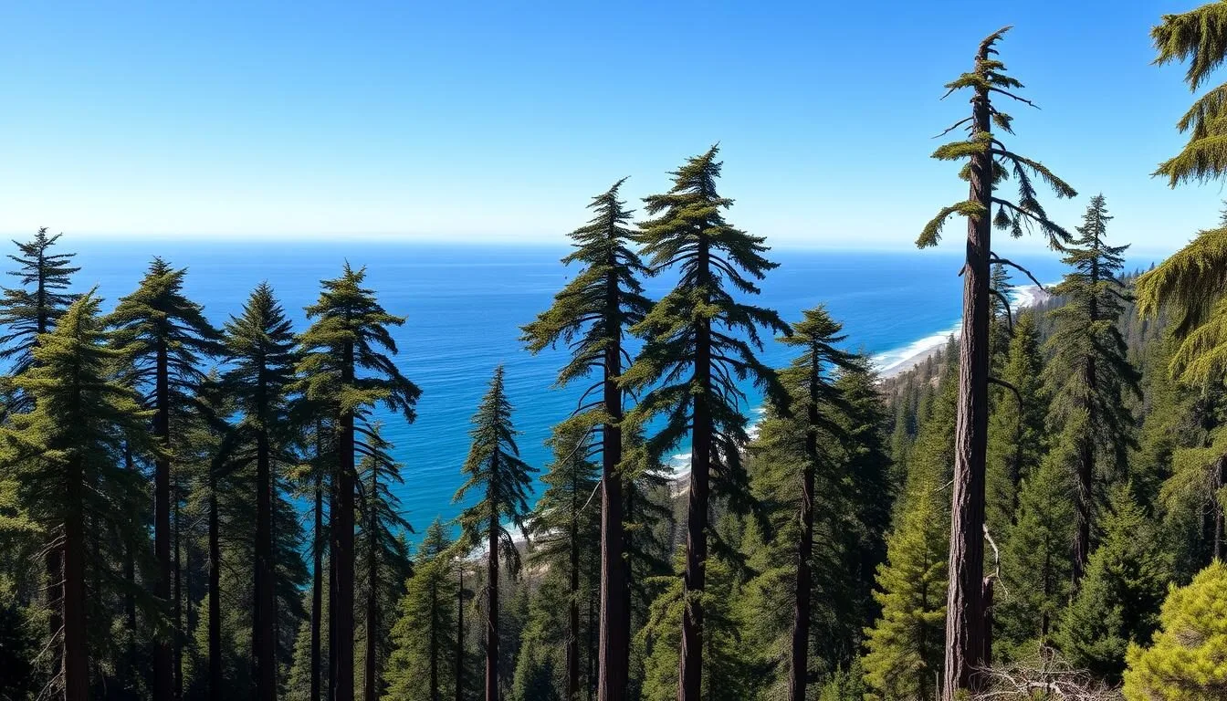 Panoramic-view-of-Limekiln-State-Park-showing-redwood-forest-meeting-the-Pacific-Ocean-along Panoramic view of Limekiln State Park showing redwood forest meeting the Pacific Ocean along the Big Sur coastline