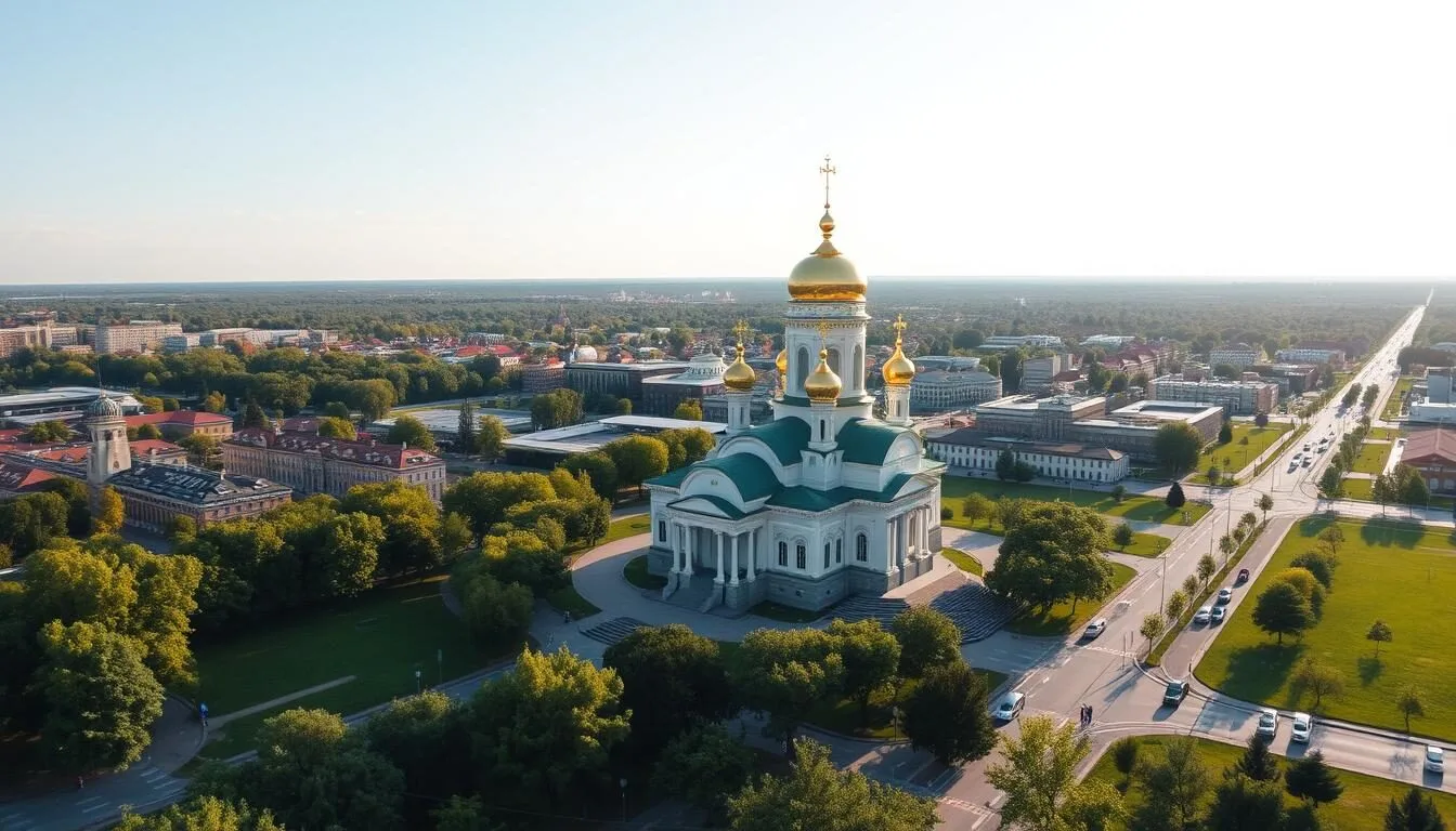 Panoramic-view-of-Lipetsk-city-center-with-the-Nativity-Cathedral-visible-in-the-background-on- Panoramic view of Lipetsk city center with the Nativity Cathedral visible in the background on a clear sunny day
