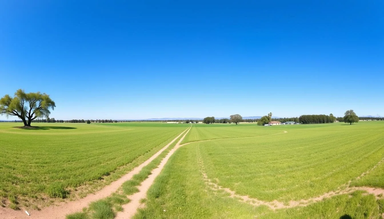 Panoramic-view-of-Martial-Cottle-Park-State-Recreation-Area-California-showing-agricultural Panoramic view of Martial Cottle Park State Recreation Area California showing agricultural fields and walking paths on a sunny day