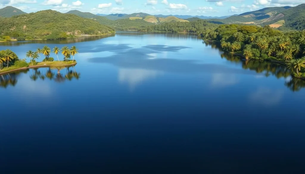 Panoramic view of Mashabo Lake showing its vast expanse surrounded by palm trees and hills