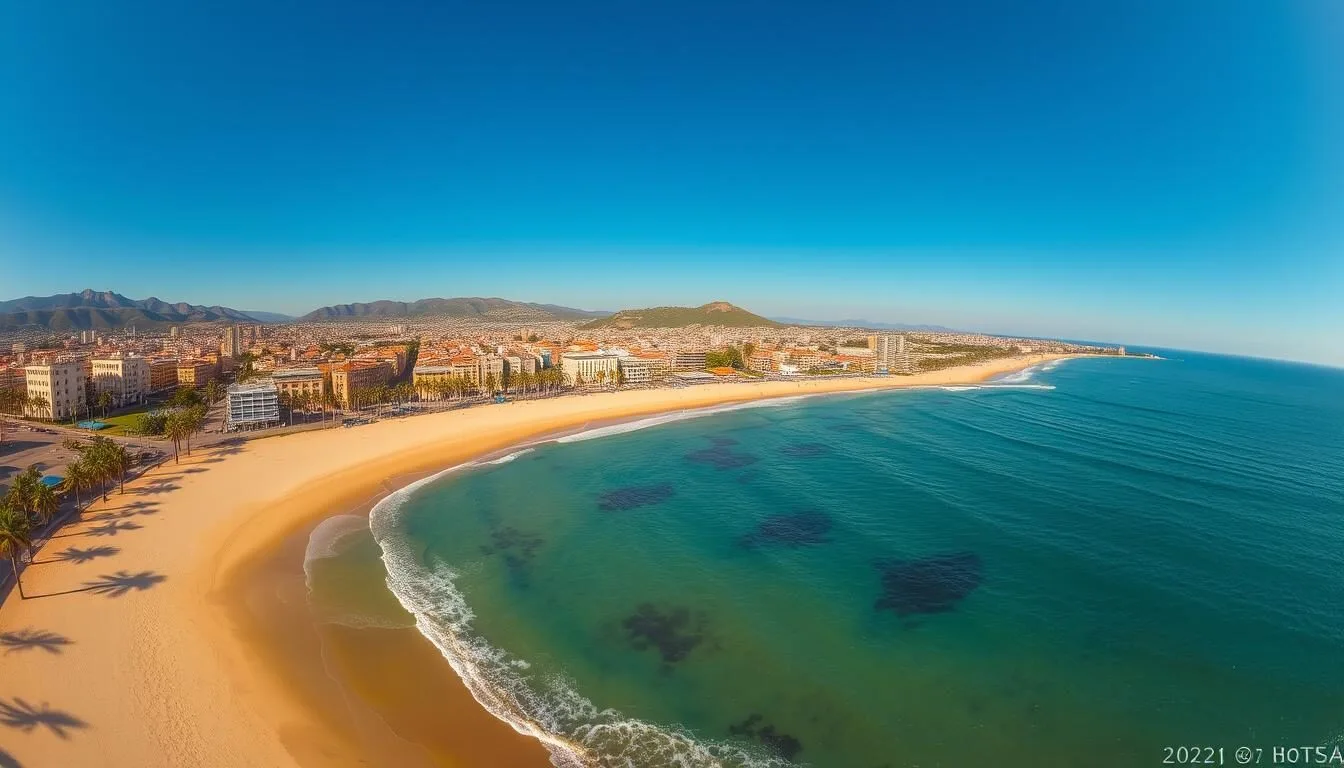Panoramic-view-of-Mazatlans-coastline-with-the-historic-center-visible-in-the-background-on-a- Panoramic view of Mazatlan's coastline with the historic center visible in the background on a sunny day
