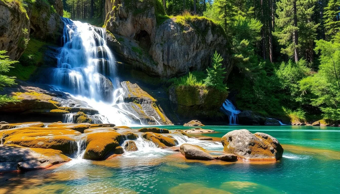 Panoramic-view-of-McArthur-Burney-Falls-Memorial-State-Parks-main-waterfall-cascading-over Panoramic view of McArthur-Burney Falls Memorial State Park's main waterfall cascading over mossy rocks with vibrant blue pool below