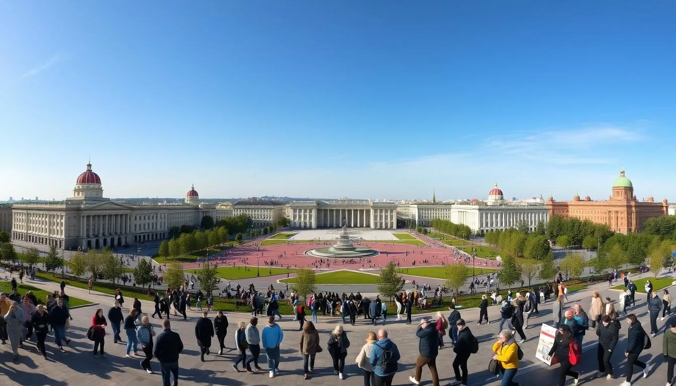 Panoramic-view-of-Minsk-city-center-with-Independence-Square-and-surrounding-Soviet Panoramic view of Minsk city center with Independence Square and surrounding Soviet architecture on a sunny day