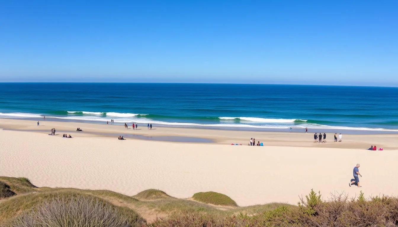 Panoramic-view-of-Moonlight-State-Beach-in-Encinitas-California-showing-the-wide-sandy-beach- Panoramic view of Moonlight State Beach in Encinitas, California showing the wide sandy beach, blue ocean, and visitors enjoying a sunny day