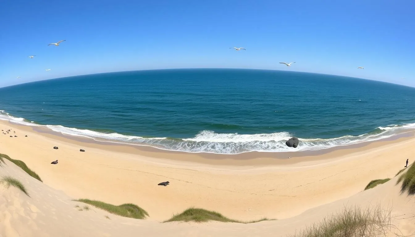 Panoramic-view-of-Moss-Landing-State-Beach-with-waves-crashing-on-shore-and-diverse-wildlife Panoramic view of Moss Landing State Beach with waves crashing on shore and diverse wildlife visible in the distance