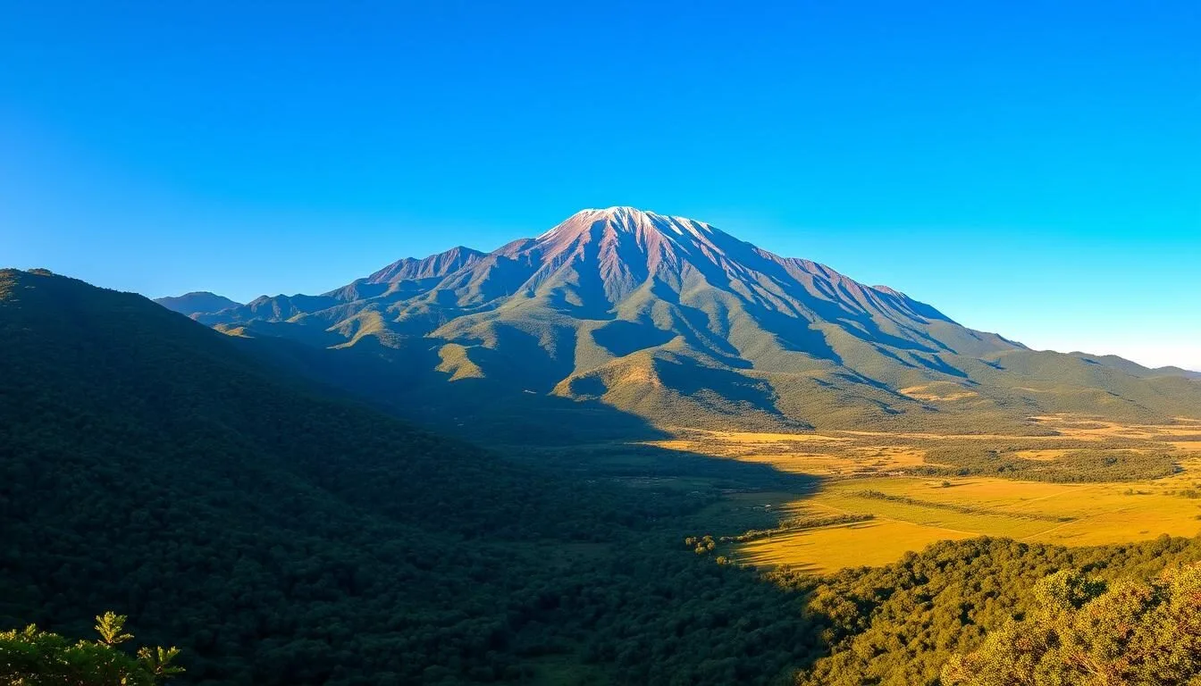 Panoramic view of Mount Kadam in Uganda showing its dramatic peaks and surrounding landscape