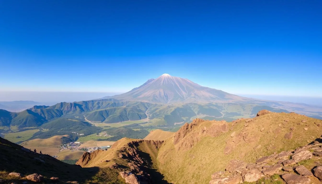Panoramic view of Mount Ras Dashen in Ethiopia with lush green valleys and dramatic escarpments