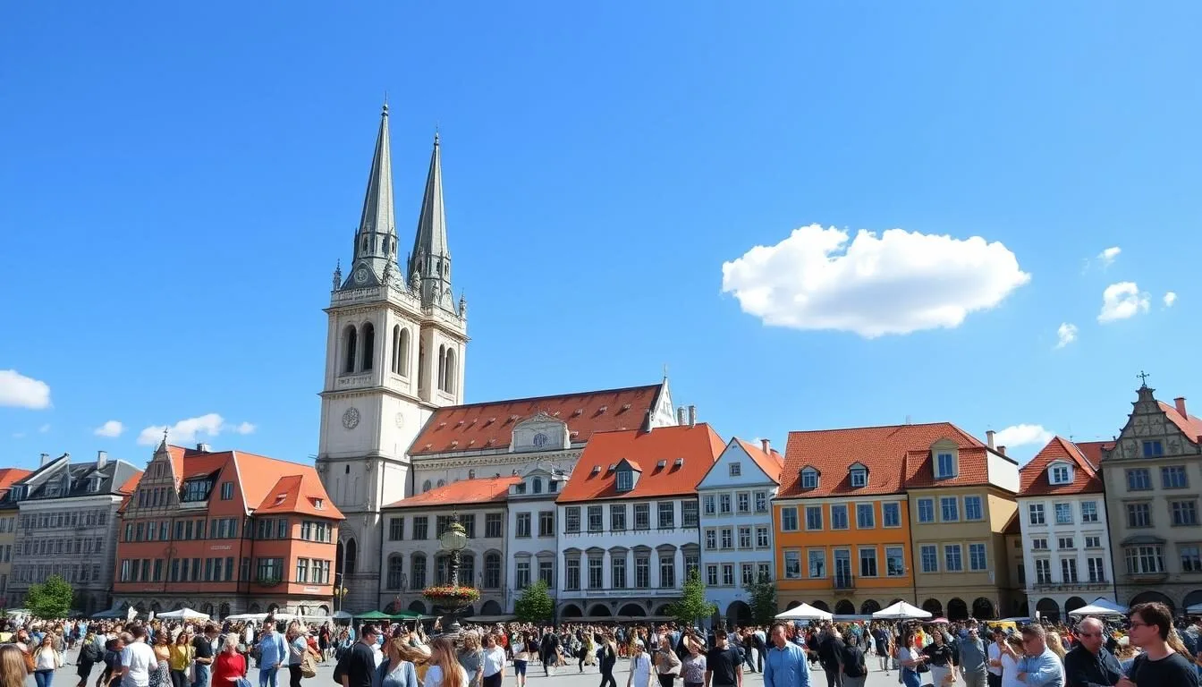 Panoramic view of Munich's Old Town with the iconic twin towers of Frauenkirche cathedral on a beautiful sunny day