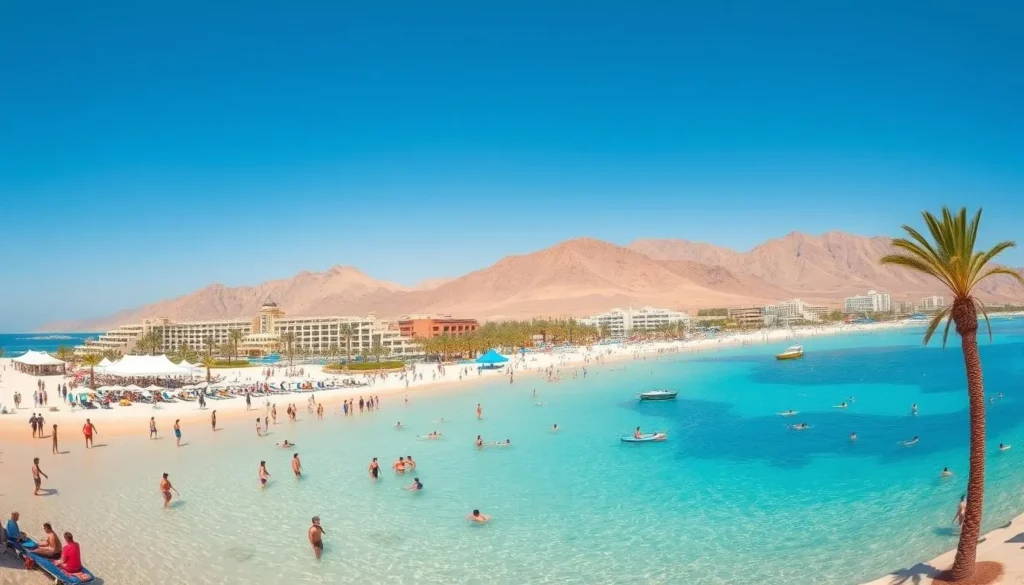 Panoramic view of Naama Bay in Sharm El-Sheikh during optimal visiting season with clear skies and perfect beach conditions