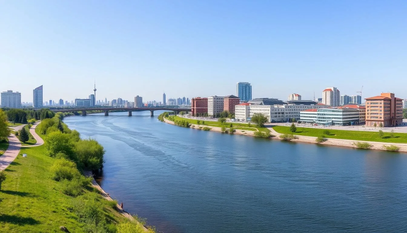 Panoramic view of Naberezhnye Chelny with the Kama River and city skyline on a clear day