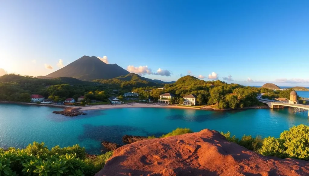 Panoramic view of Newcastle, Nevis showing the coastline, lush vegetation, and Mount Nevis, highlighting the diverse Newcastle Nevis things to do Panoramic view of Newcastle, Nevis showing the coastline, lush vegetation, and Mount Nevis, highlighting the diverse Newcastle Nevis things to do
