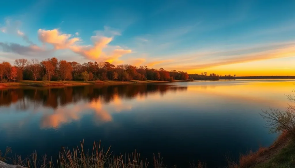 Panoramic view of Newton Lake at golden hour with trees reflecting in the calm water Panoramic view of Newton Lake at golden hour with trees reflecting in the calm water