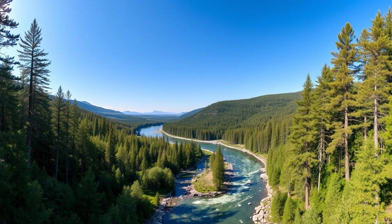 Panoramic view of Nizhnyaya Kama National Park Russia showing pine forests and the Kama River on a clear summer day