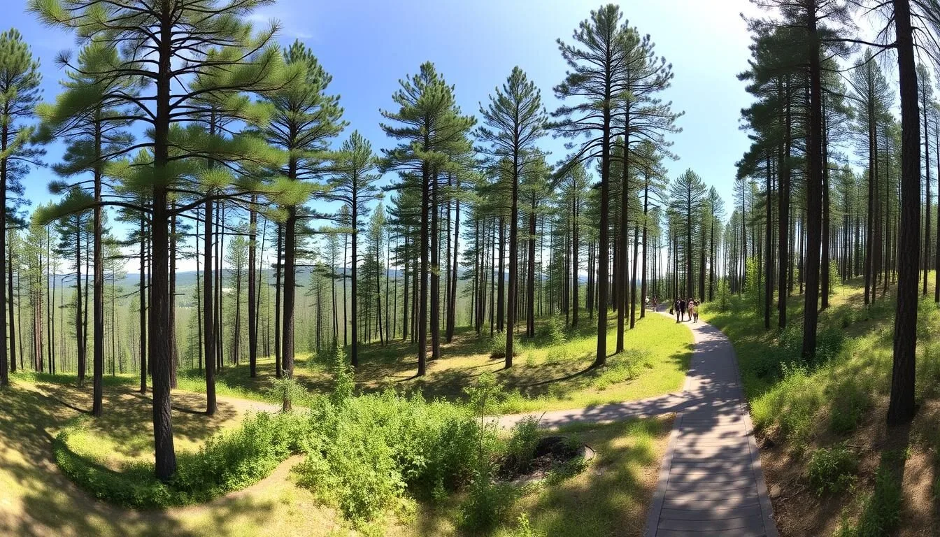 Panoramic-view-of-Nolde-Forest-showing-tall-pine-trees-and-walking-trails-on-a-sunny-day Panoramic view of Nolde Forest showing tall pine trees and walking trails on a sunny day