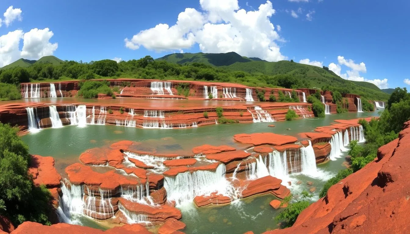 Panoramic view of Orinduik Falls Guyana showing the red jasper terraces and cascading water