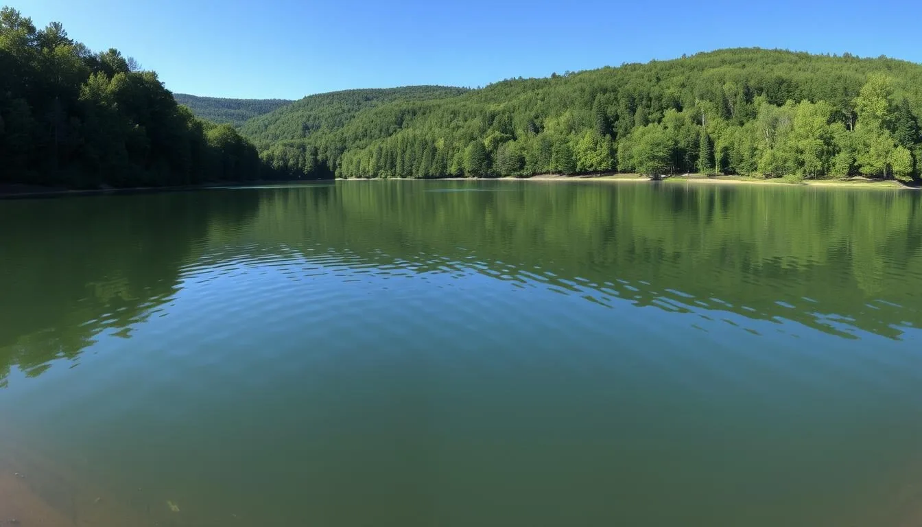 Panoramic view of Parker Lake surrounded by lush forest at Parker Dam State Park, Pennsylvania