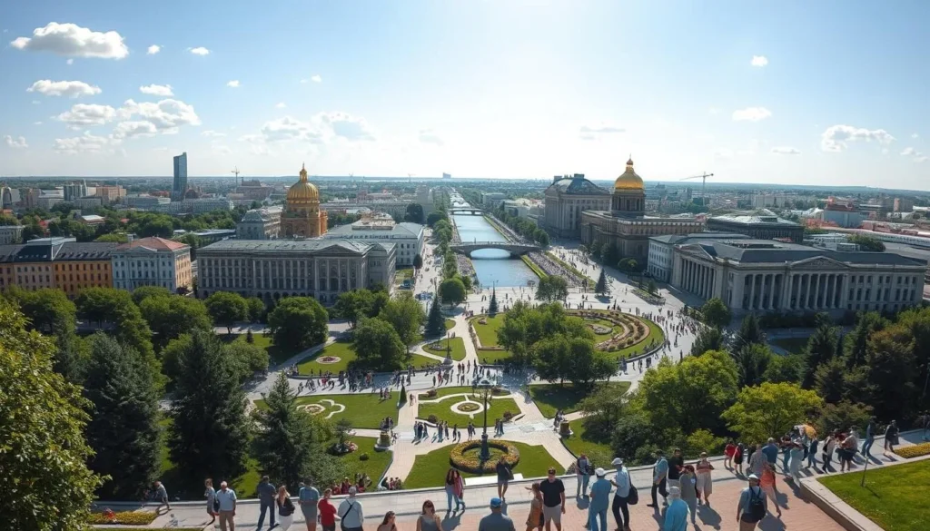 Panoramic view of Penza city center with the Sura River on a beautiful summer day