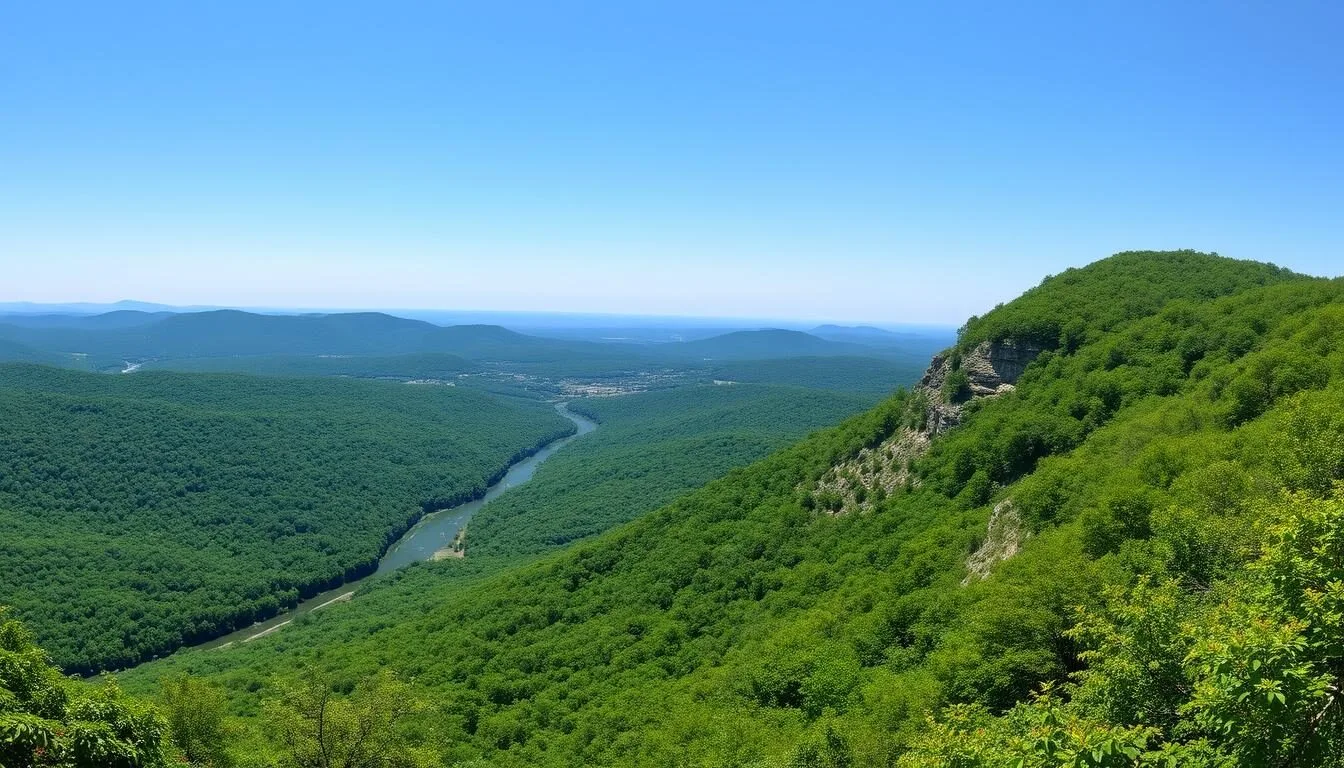 Panoramic view of Peters Mountain Pennsylvania with the Susquehanna River visible below on a clear sunny day