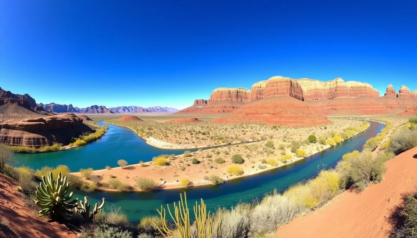Panoramic-view-of-Picacho-State-Recreation-Area-showing-the-Colorado-River-winding-through Panoramic view of Picacho State Recreation Area showing the Colorado River winding through desert landscape with red rock formations