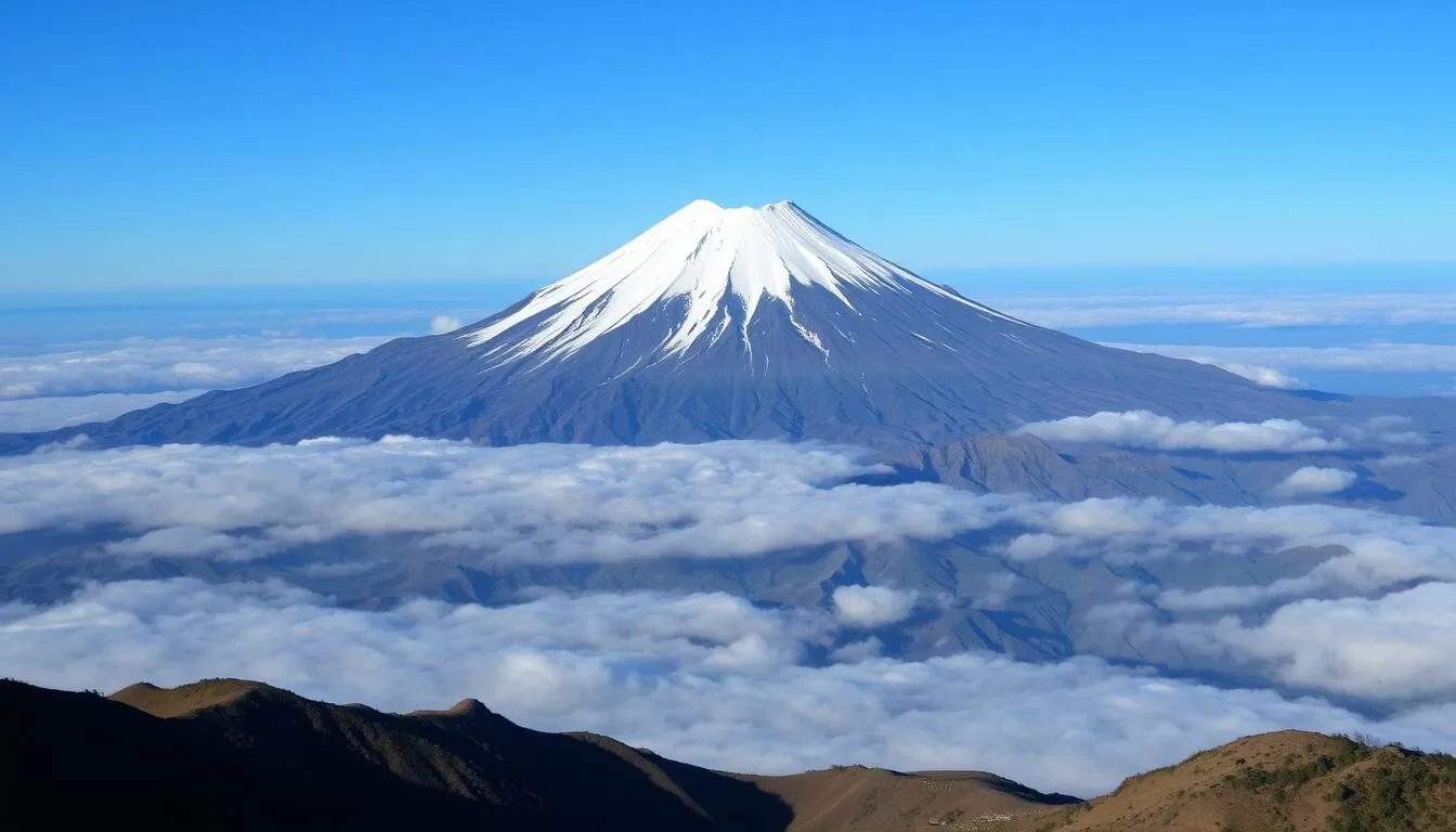 Panoramic view of Pico de Orizaba volcano with its snow-capped peak rising above the clouds on a clear day in Mexico