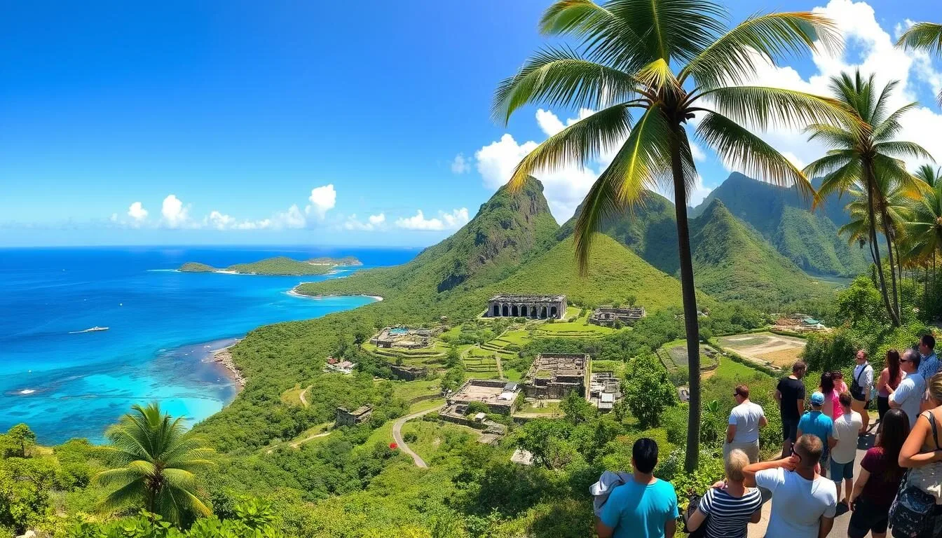 Panoramic view of Pigeon Island National Park with the Caribbean Sea in the background and lush green hills
