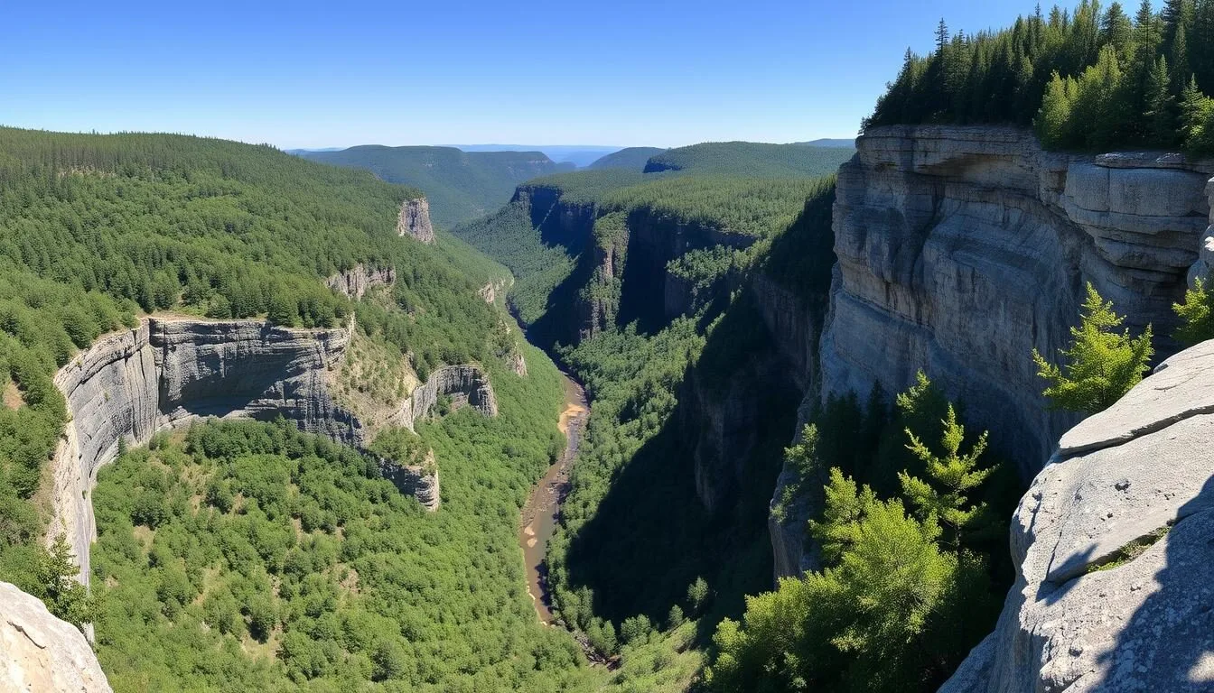Panoramic-view-of-Pine-Creek-Gorge-from-Leonard-Harrison-State-Park-Pennsylvania-main-overlook- Panoramic view of Pine Creek Gorge from Leonard Harrison State Park Pennsylvania main overlook on a clear summer day