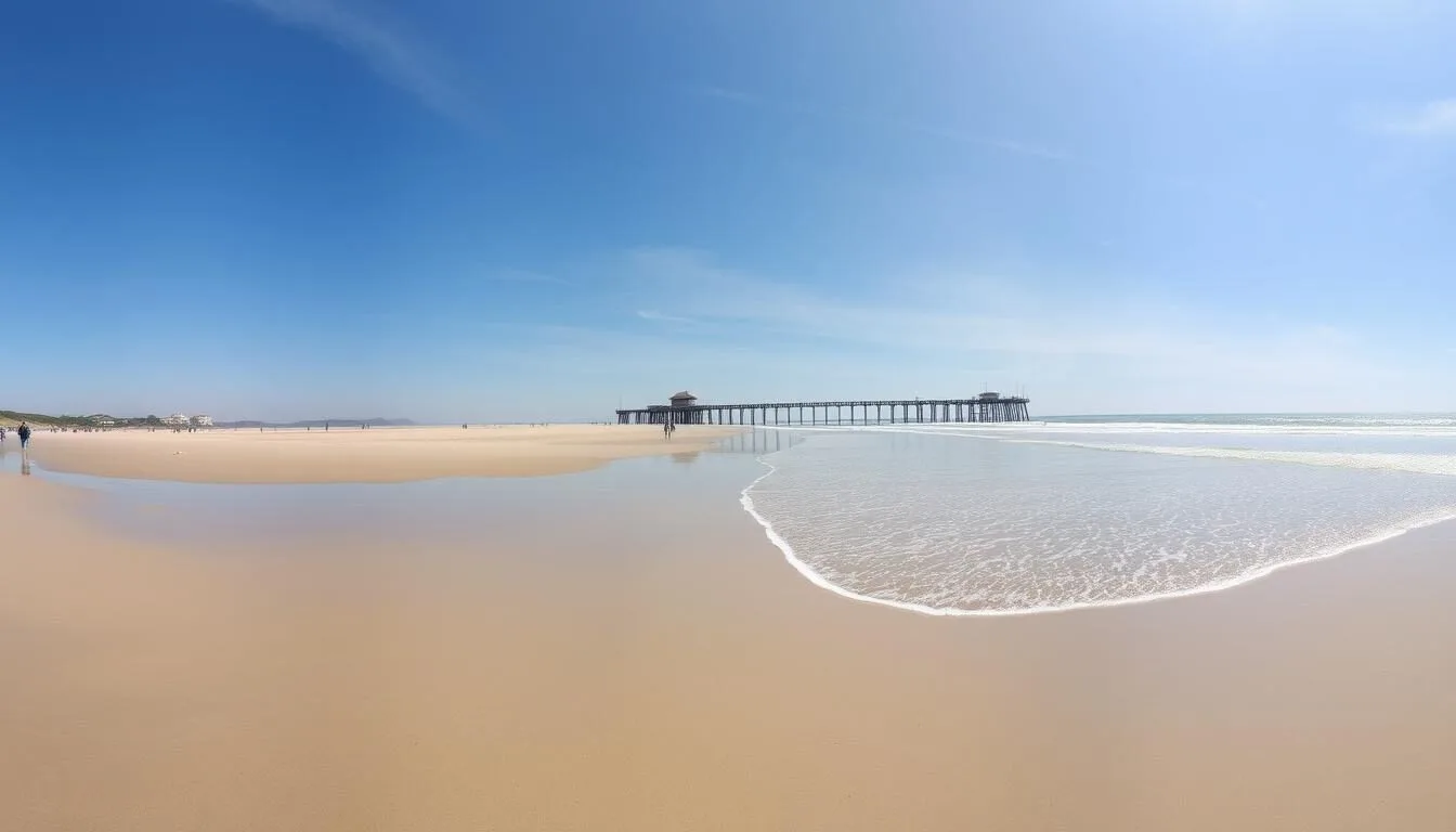 Panoramic view of Pismo State Beach shoreline with waves crashing on the sand and the iconic pier in the distance on a sunny day