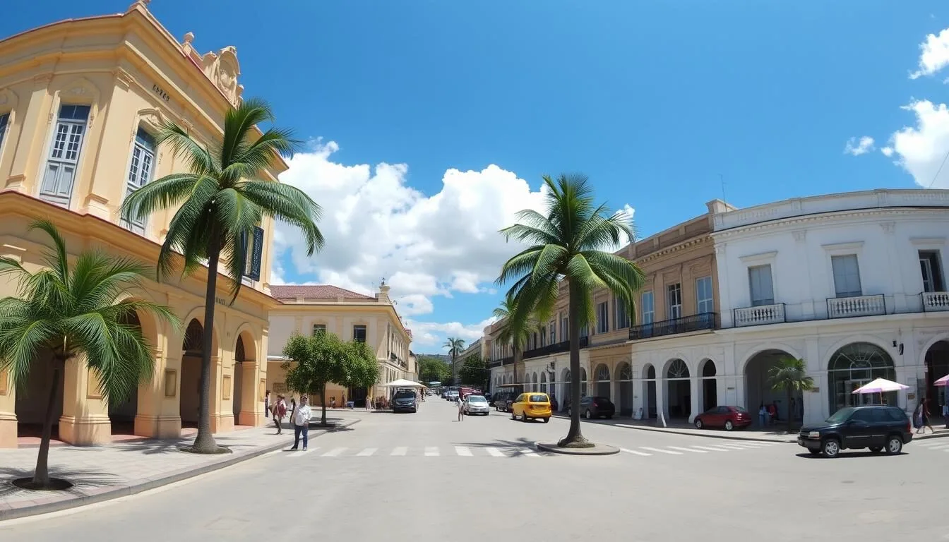 Panoramic view of Placetas Cuba main square with colonial architecture and palm trees