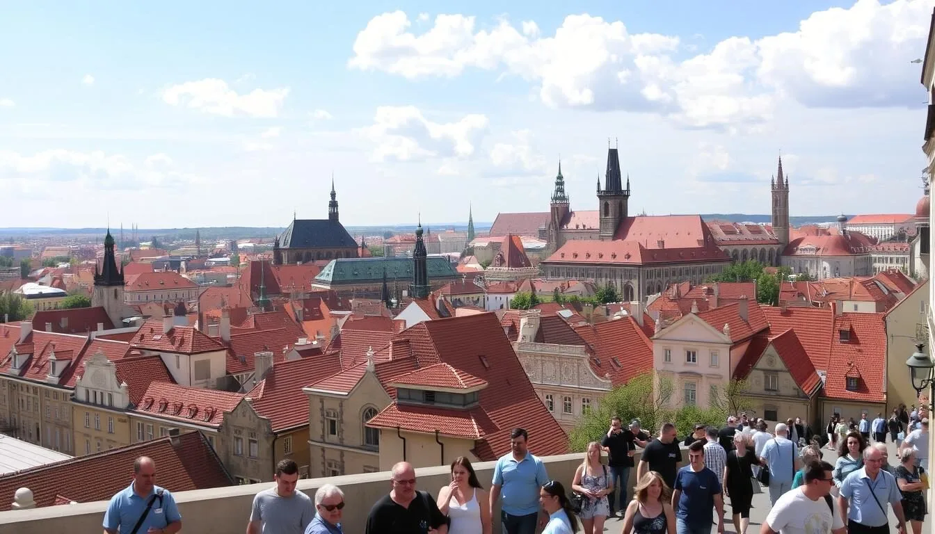 Panoramic view of Prague's Old Town with red rooftops and historic spires on a sunny day