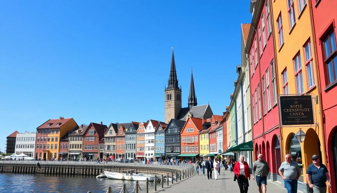 Panoramic view of Rostock's colorful historic buildings along the waterfront with the iconic church spires visible against a blue sky