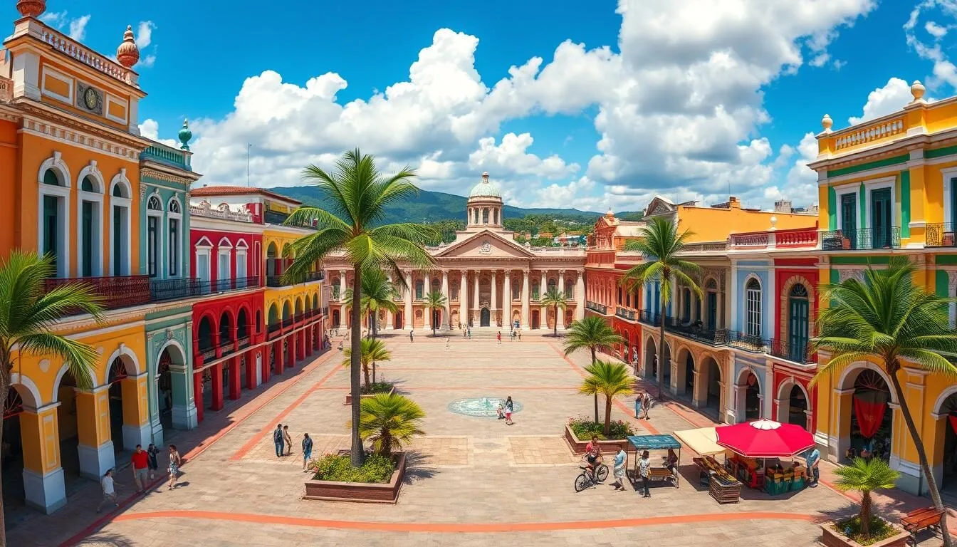 Panoramic view of San Antonio de los Banos town center with colorful colonial buildings and local life