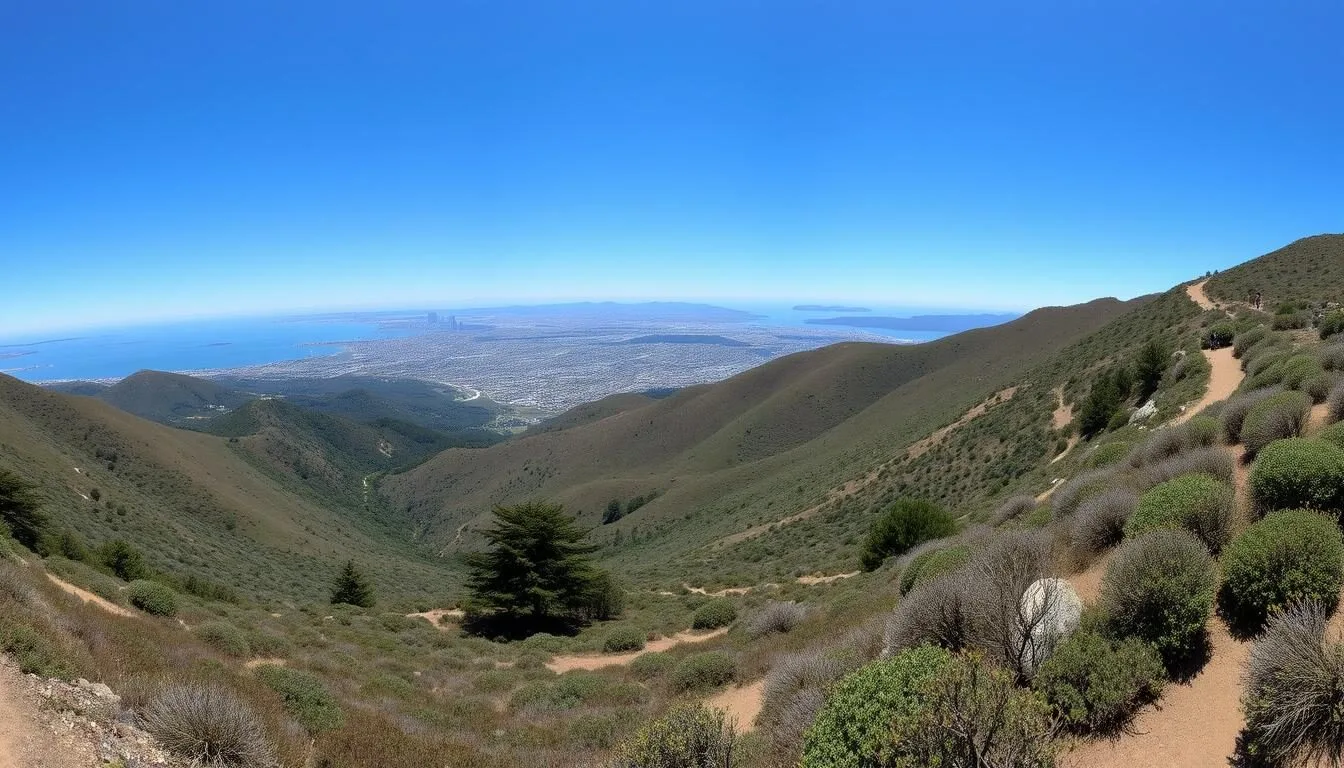 Panoramic-view-of-San-Bruno-Mountain-State-Park-with-San-Francisco-Bay-in-the-background Panoramic view of San Bruno Mountain State Park with San Francisco Bay in the background