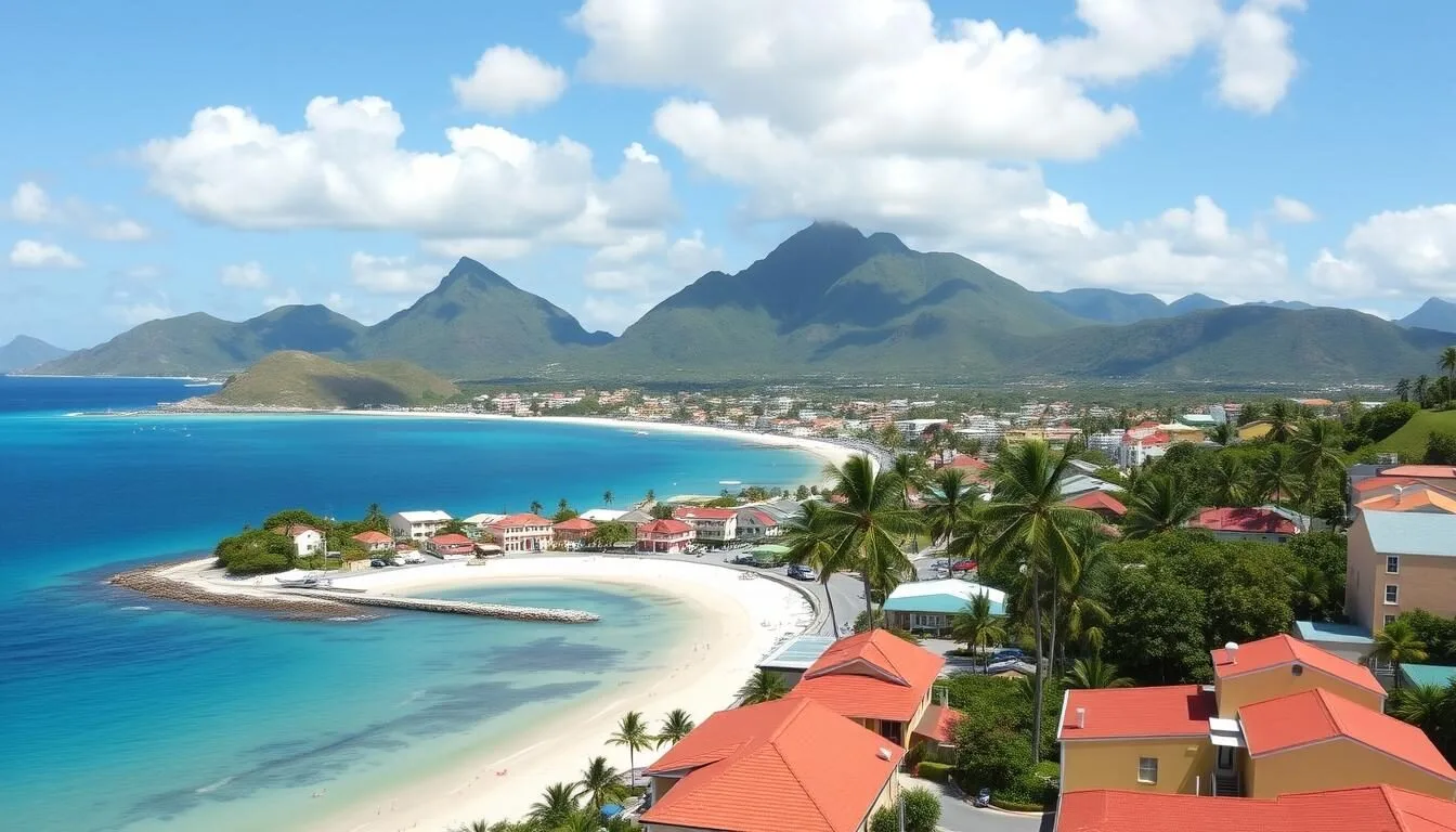 Panoramic view of Sandy Point Town with its colorful buildings and beautiful coastline on a sunny day