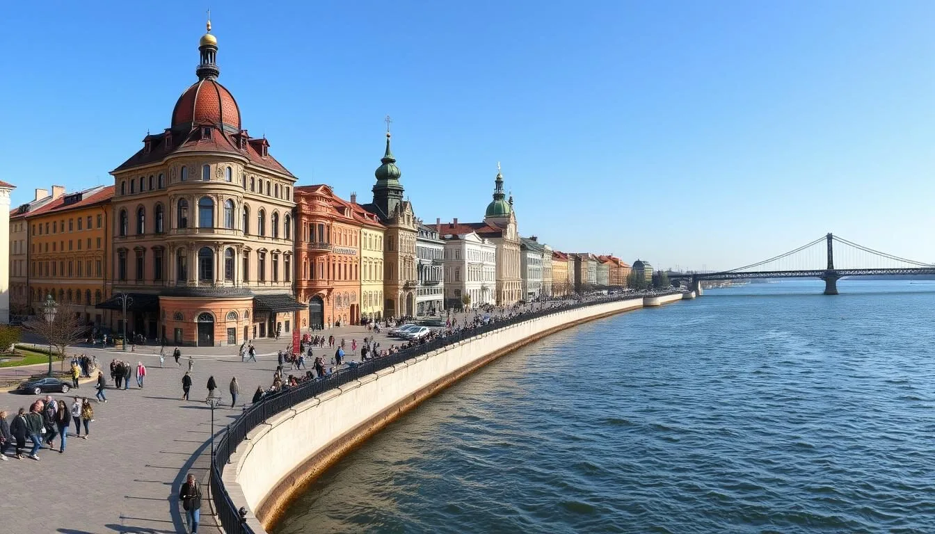 Panoramic view of Saratov city along the Volga River with historic buildings and the iconic Saratov Bridge