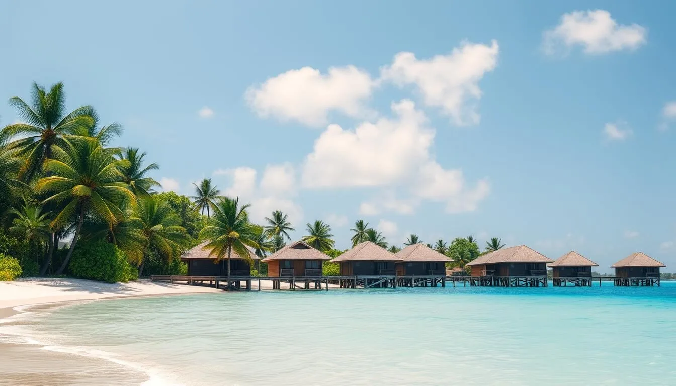 Panoramic-view-of-South-Tarawas-coastline-with-traditional-stilt-houses-and-crystal-clear Panoramic view of South Tarawa's coastline with traditional stilt houses and crystal clear waters