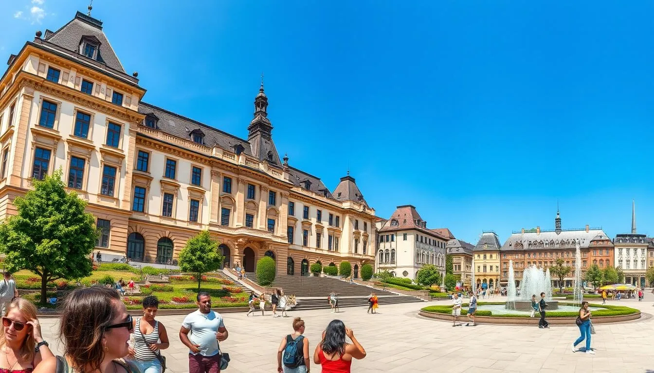 Panoramic-view-of-Stuttgart-city-center-with-the-New-Palace-and-Schlossplatz-square-on-a-sunny- Panoramic view of Stuttgart city center with the New Palace and Schlossplatz square on a sunny day