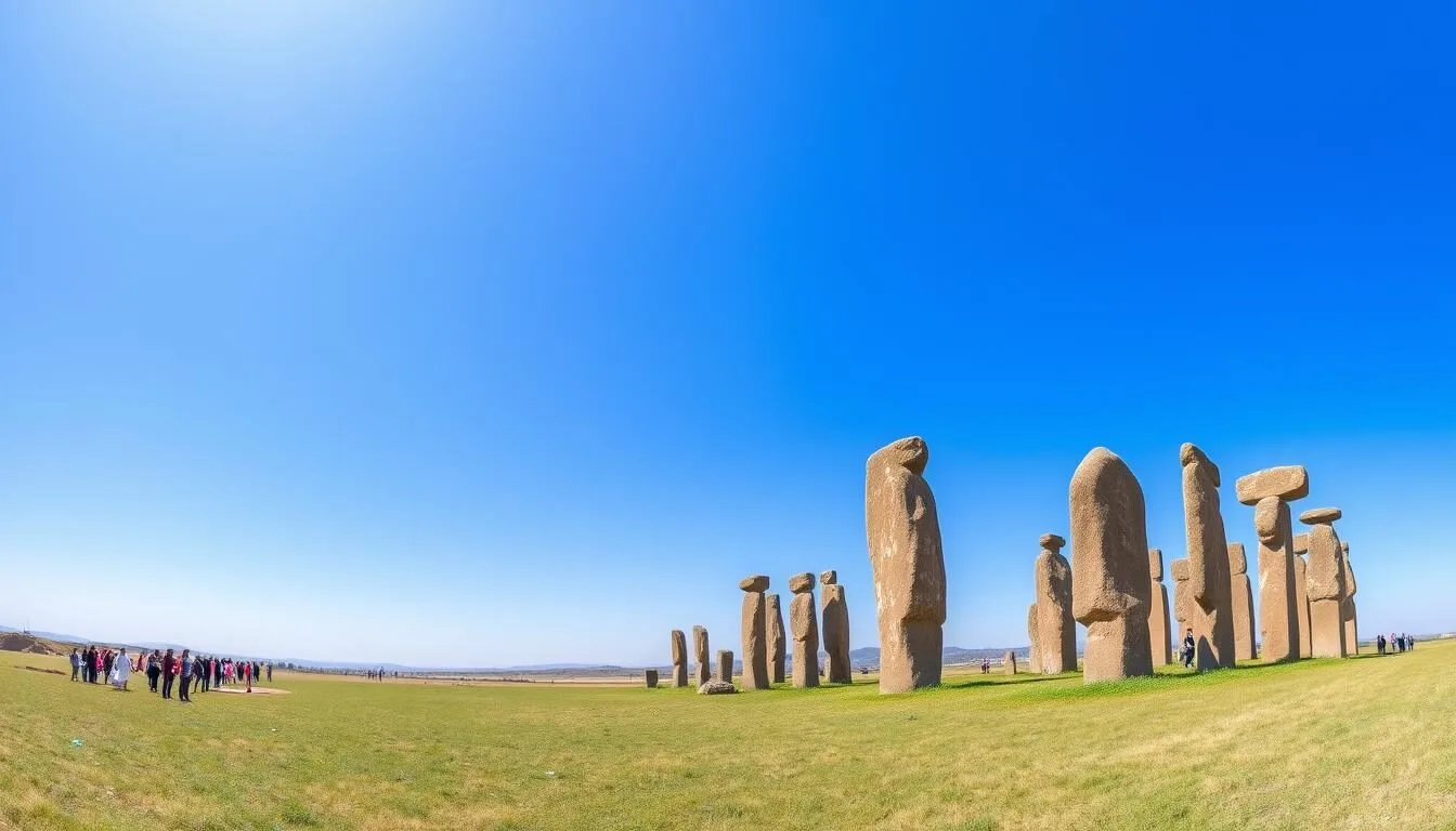 Panoramic view of Tiya Archaeological Site Ethiopia with stone stelae against blue sky